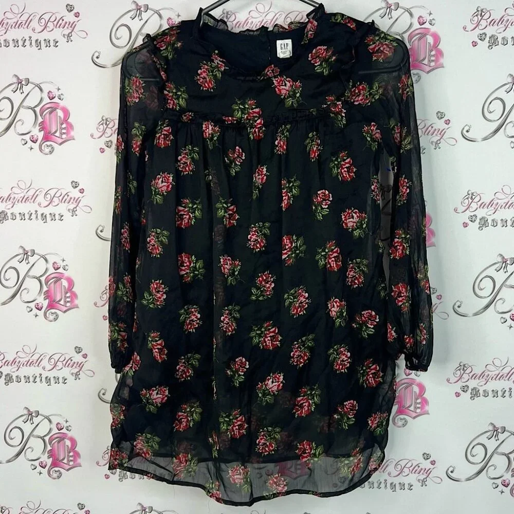 GAP dress roses flowers ruffle bubble sleeve Black Floral Sheer Blouse